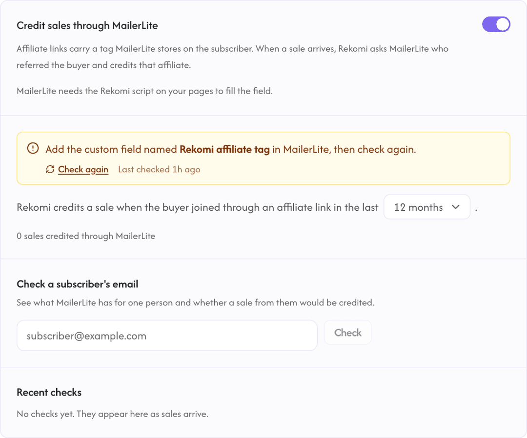 Rekomi's MailerLite integration page with Credit sales through MailerLite switched on and the status line reporting what is still missing