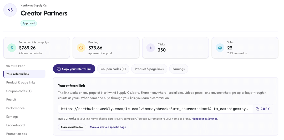 An affiliate's link in Rekomi showing utm_source=rekomi and the utm_campaign slug on the end of the URL
