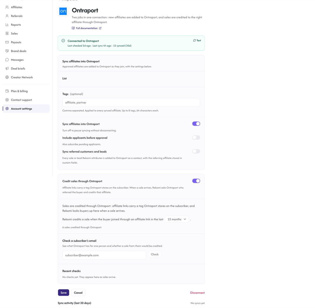 Rekomi's Ontraport integration page with Sync affiliates and Credit sales switched on and the status line filled in