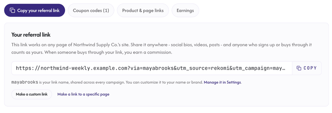 An affiliate's campaign link in Rekomi showing the utm_source=rekomi and utm_campaign parameters appended